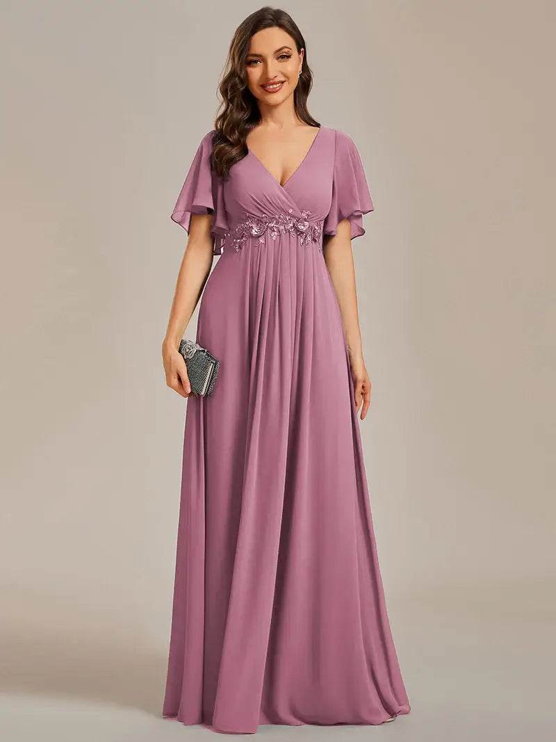Elegant V-Neck Pleated Bridesmaid Dress with Floral Appliqués - Biamonde